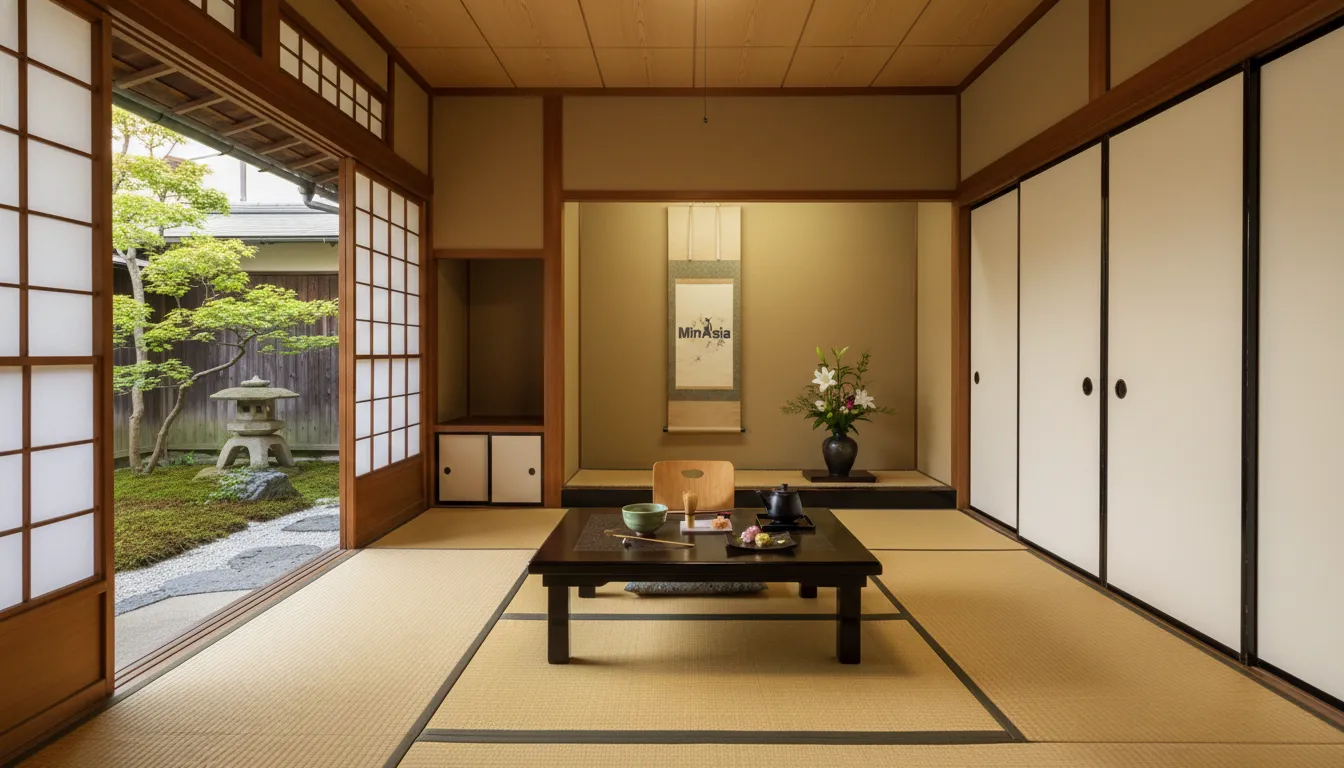 Interior de ryokan tradicional em Hakone Japão com tatami, shoji e chá japonês, refletindo cultura.