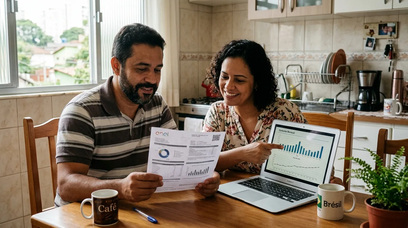 Casal avaliando o que continua cobrando na conta com energia solar para entender as taxas públicas obrigatórias.
