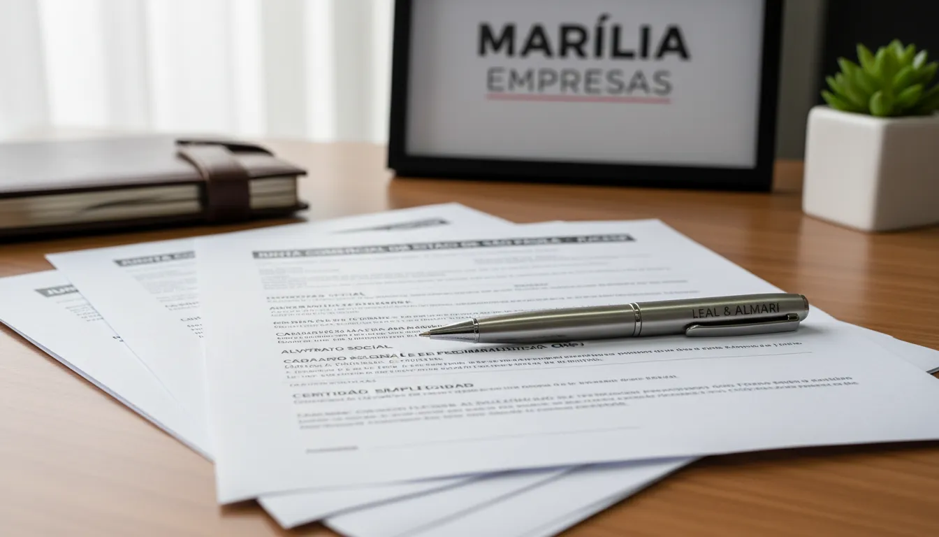 Documentos de registro de empresa organizados em uma mesa, representando a facilidade que a Leal & Almari oferece ao ajudar empreendedores a abrir empresa em Marília SP.