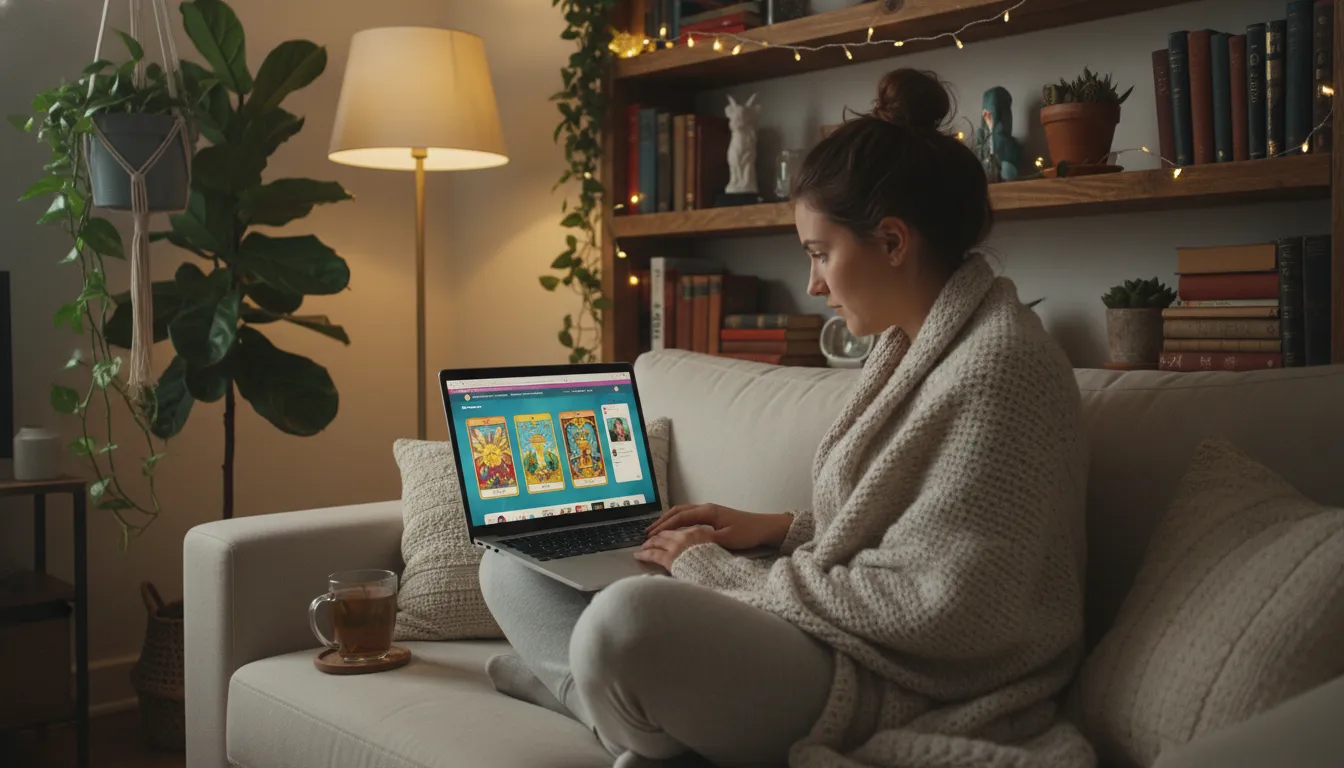 Mulher em casa realizando uma consulta de tarot online, transmitindo acessibilidade e privacidade.