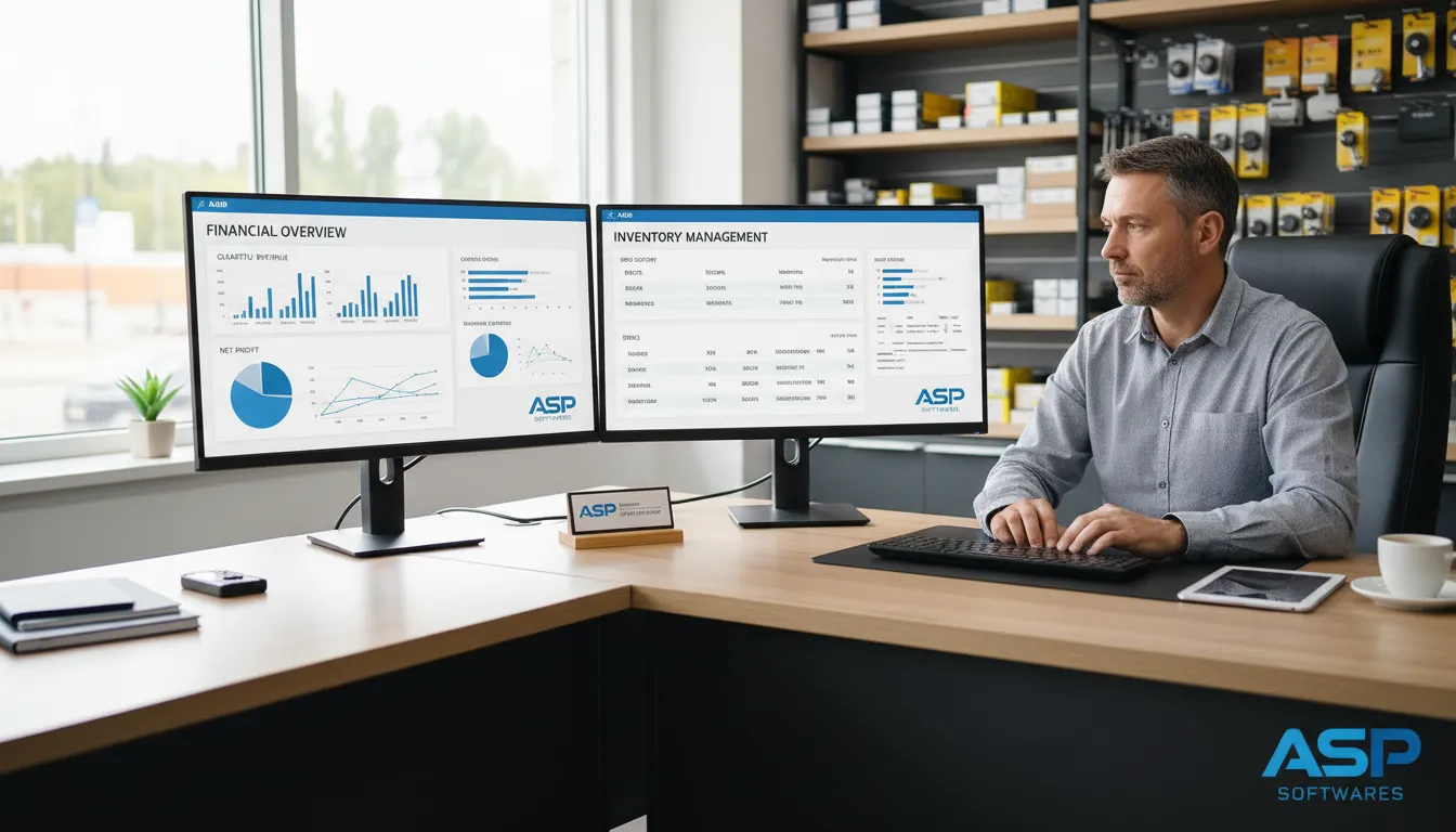 Gestor acompanhando estoque e finanças em tempo real com sistema ASP Softwares.