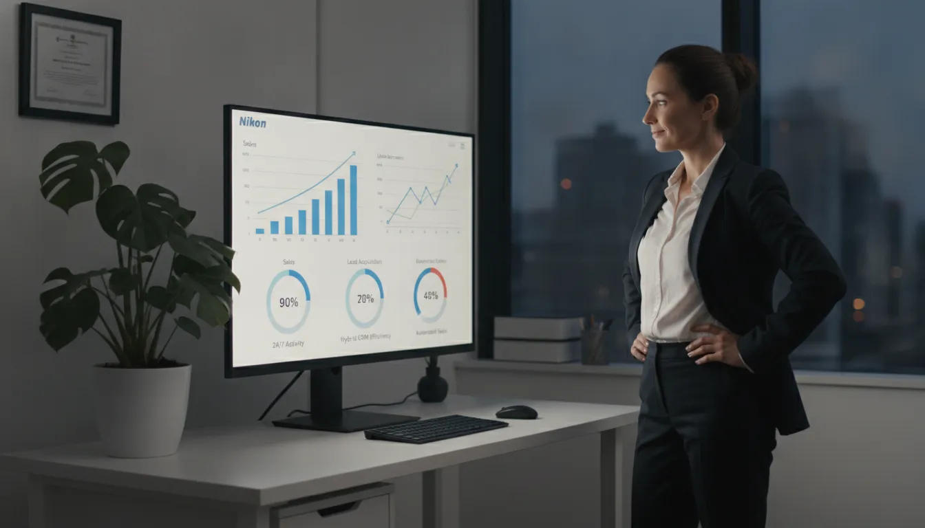 Empresário satisfeito revisa dashboard CRM, vendo vendas e leads otimizados 24 horas por automação.