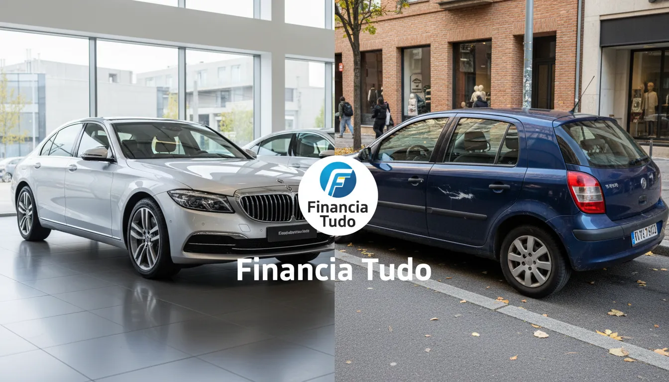 Imagem comparativa entre um carro novo e um usado com um pequeno dano, com o logo da Financia Tudo no centro, simbolizando a escolha inteligente entre proteção veicular e seguro.