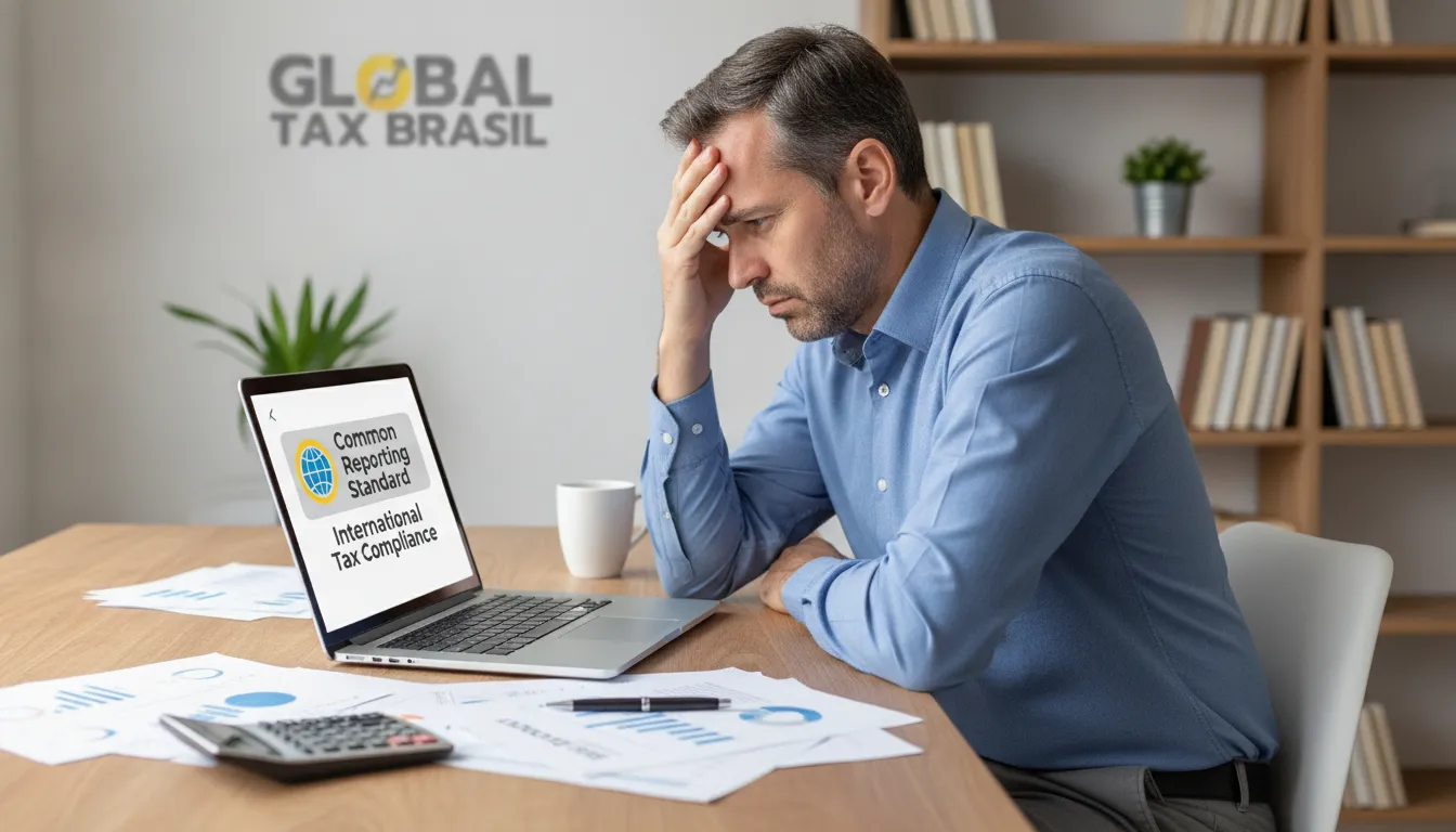 Indivíduo preocupado com a regularização de imposto de renda exterior e o CRS. Última chance para evitar multas de ofício.