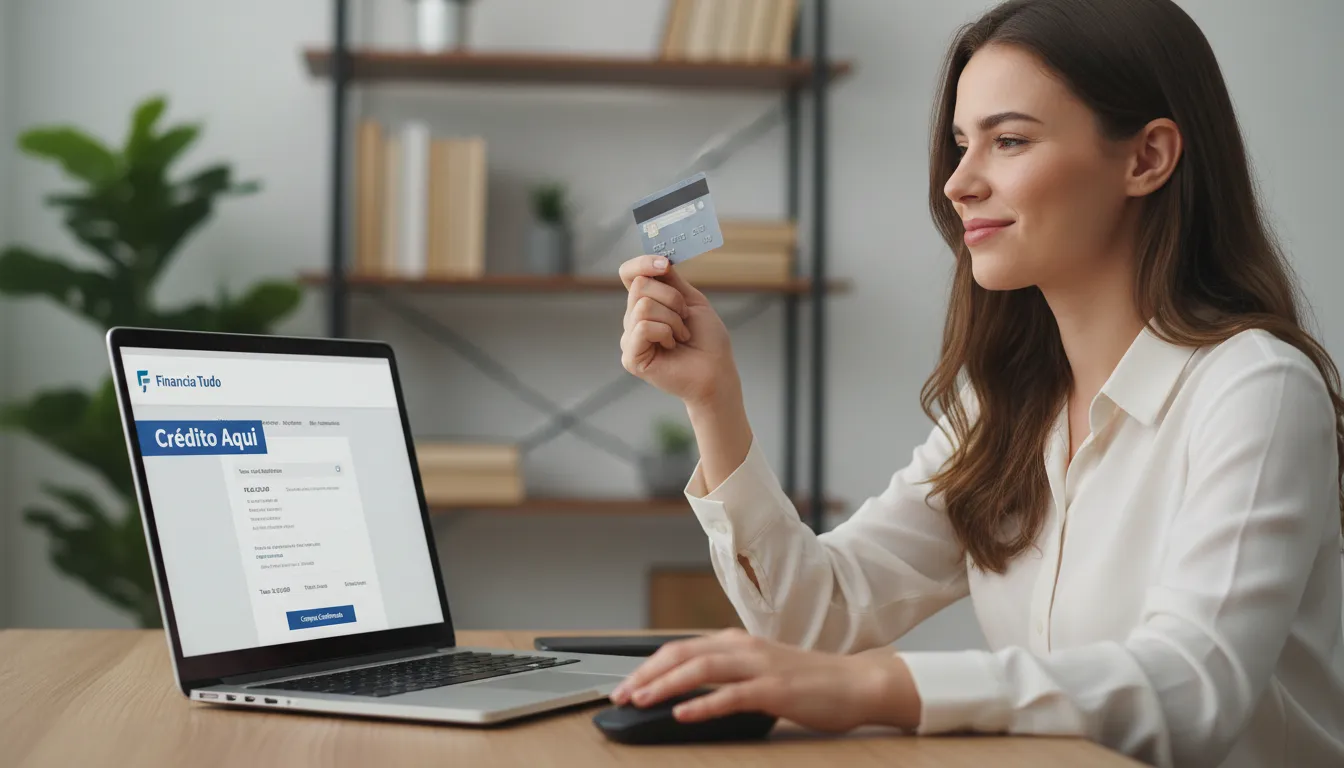 Uma pessoa aliviada usando um cartão de crédito online, demonstrando a facilidade de acesso ao crédito através de um cartão para negativado.