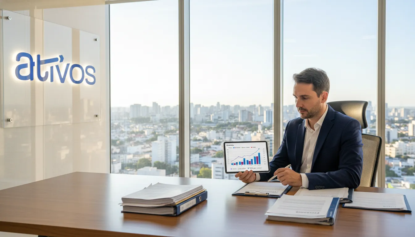 Homem analisa status de precatórios SP consulta pelo cpf em um tablet, em um escritório moderno.