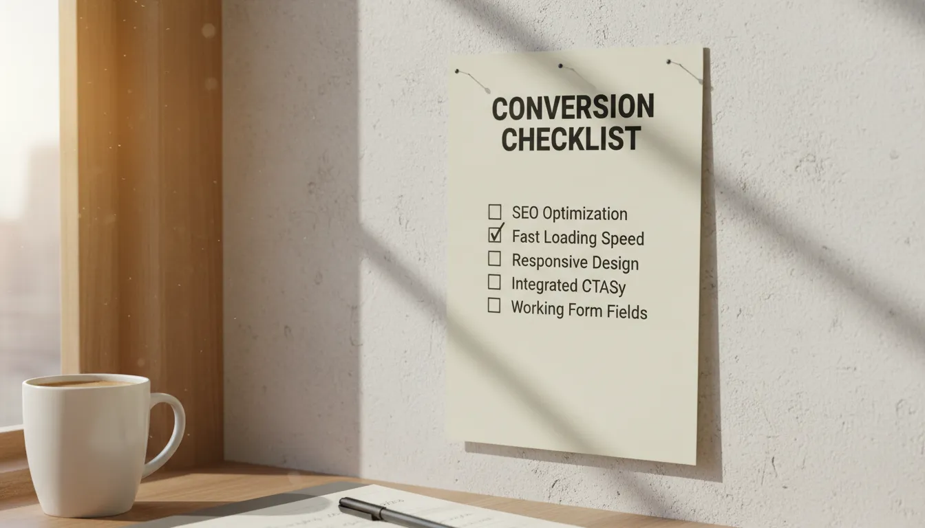 Landing Page para 2026: Template + Checklist de Conversão 2 Checklist completo de pré-lançamento de landing page em ambiente de trabalho, destacando tópicos essenciais.
