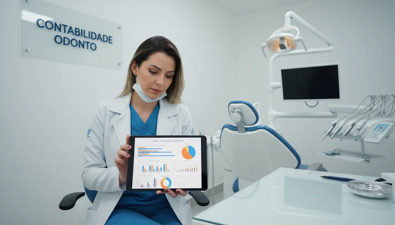 Dentista analisando relatórios financeiros em tablet, demonstrando a importância da contabilidade para clínica odontológica e tomadas de decisão estratégicas.