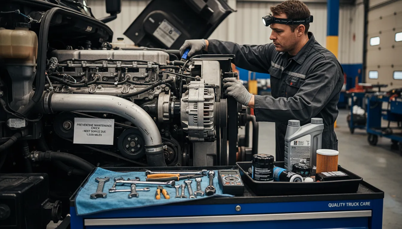 Mecânico realizando manutenção preventiva no motor de caminhão, representando cuidados essenciais.