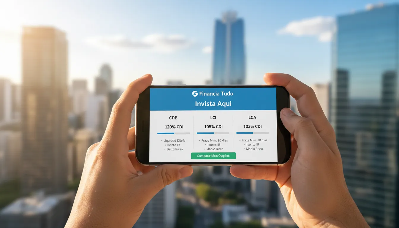 Aplicativo Financia Tudo mostrando comparação clara de investimentos em CDB, LCI e LCA, facilitando a escolha do usuário.