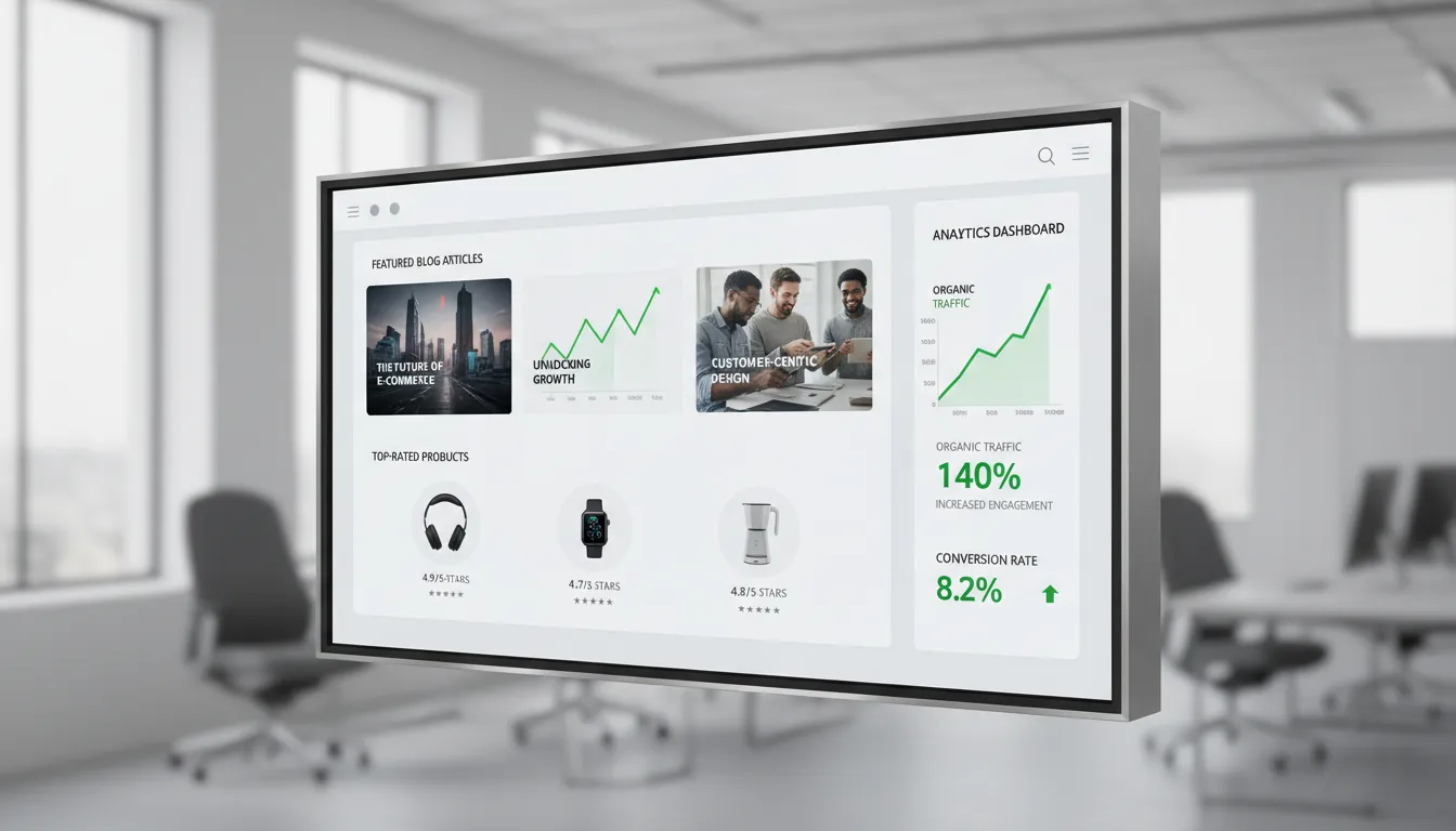Ideias de Conteúdo para Blog de Loja Virtual que Trazem Tráfego Orgânico 3 Blog de loja virtual mostrando artigos em destaque e gráficos de crescimento de tráfego orgânico.