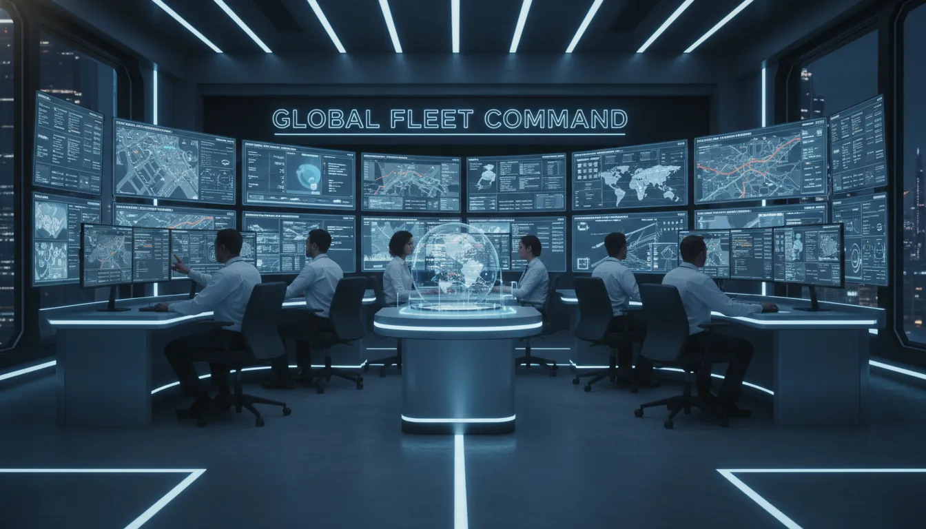 Equipe de gestão de frotas monitorando painéis digitais com dados anonimizados com alta segurança