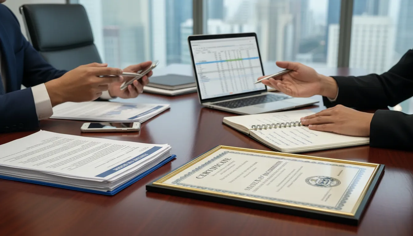 Mesa de reunião com documentos de incorporação e empresários conversando sobre negócios nos EUA.