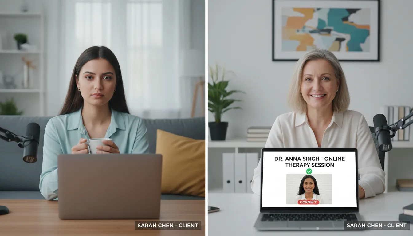 Pessoa sendo atendida por especialista online, em ambiente seguro e acolhedor