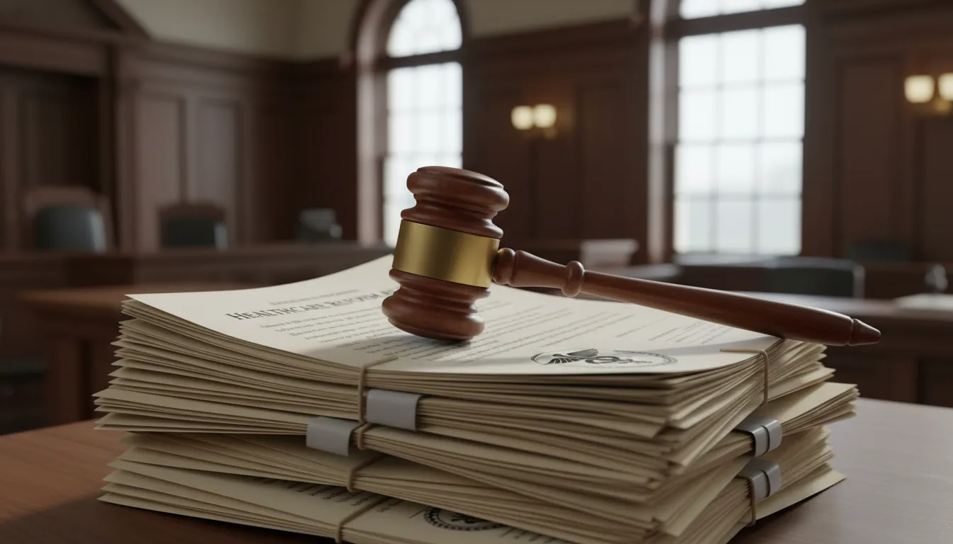 Martelo de um advogado sobre documentos legais de saúde, simbolizando a busca por justiça e a aplicação da lei.