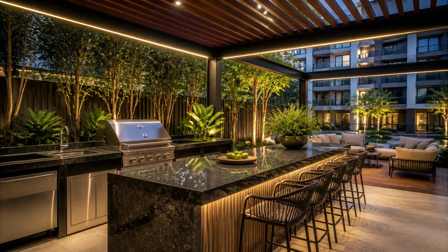 Espaço gourmet moderno viabilizado por financiamento de áreas de lazer condominiais residenciais.