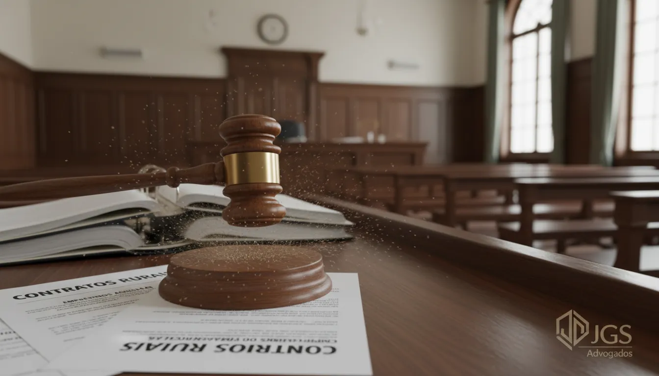 Um martelo de juiz em um tribunal, representando disputas legais sobre contratos rurais. Alusão à revisão de contrato rural CNPJ, com a marca JGS Advogados.