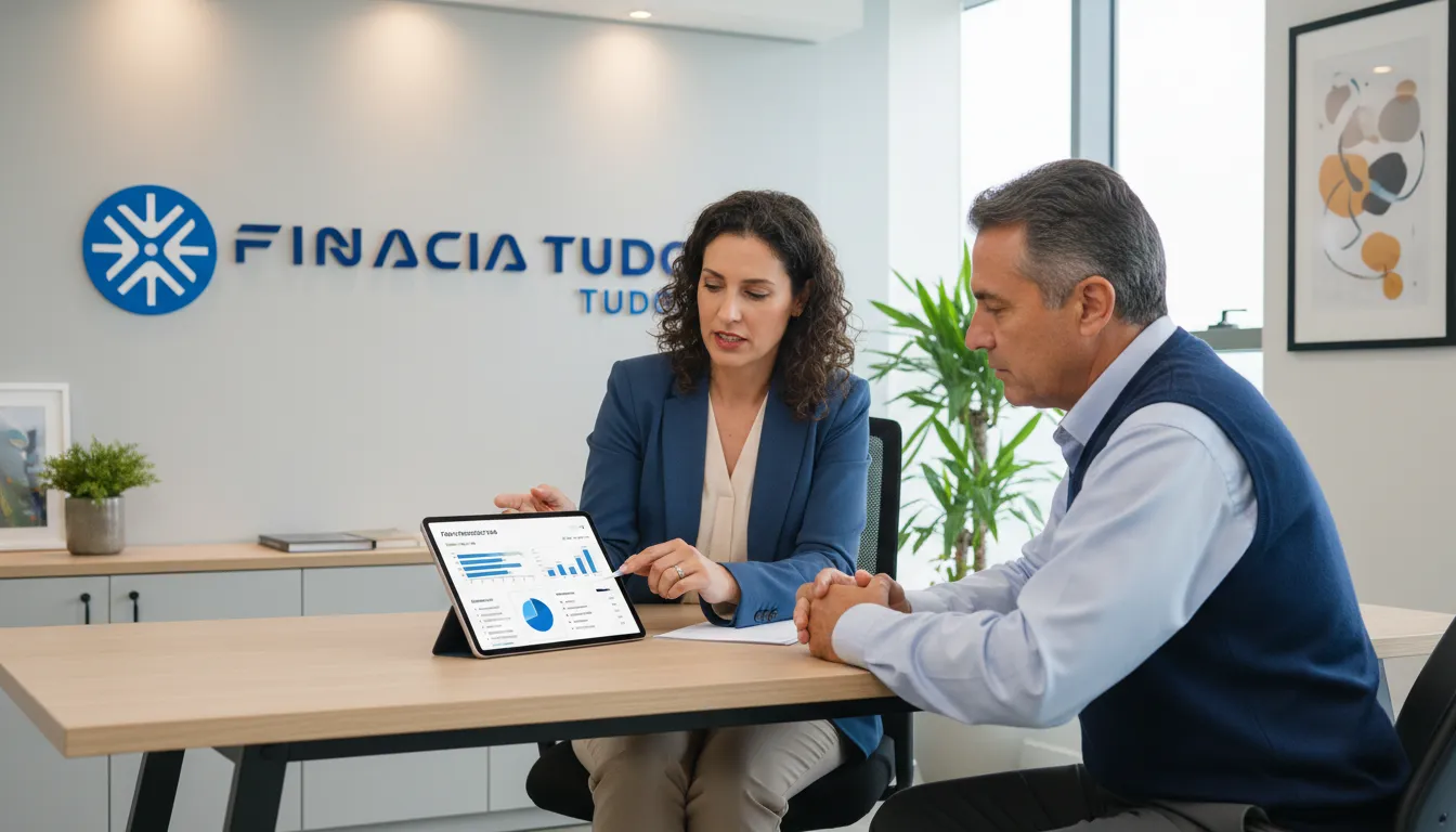 Consultor da Financia Tudo orienta cliente sobre as melhores opções de financiamento de caminhão.