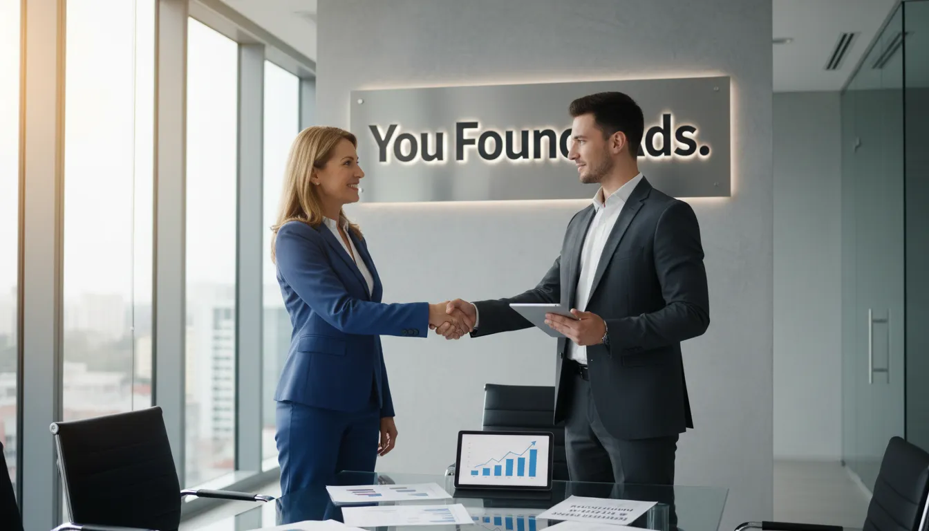 Um empresário apertando a mão de um consultor da YouFound, simbolizando uma parceria que leva ao aumento da autoridade e à aquisição de clientes, com foco em gestor de trafego.