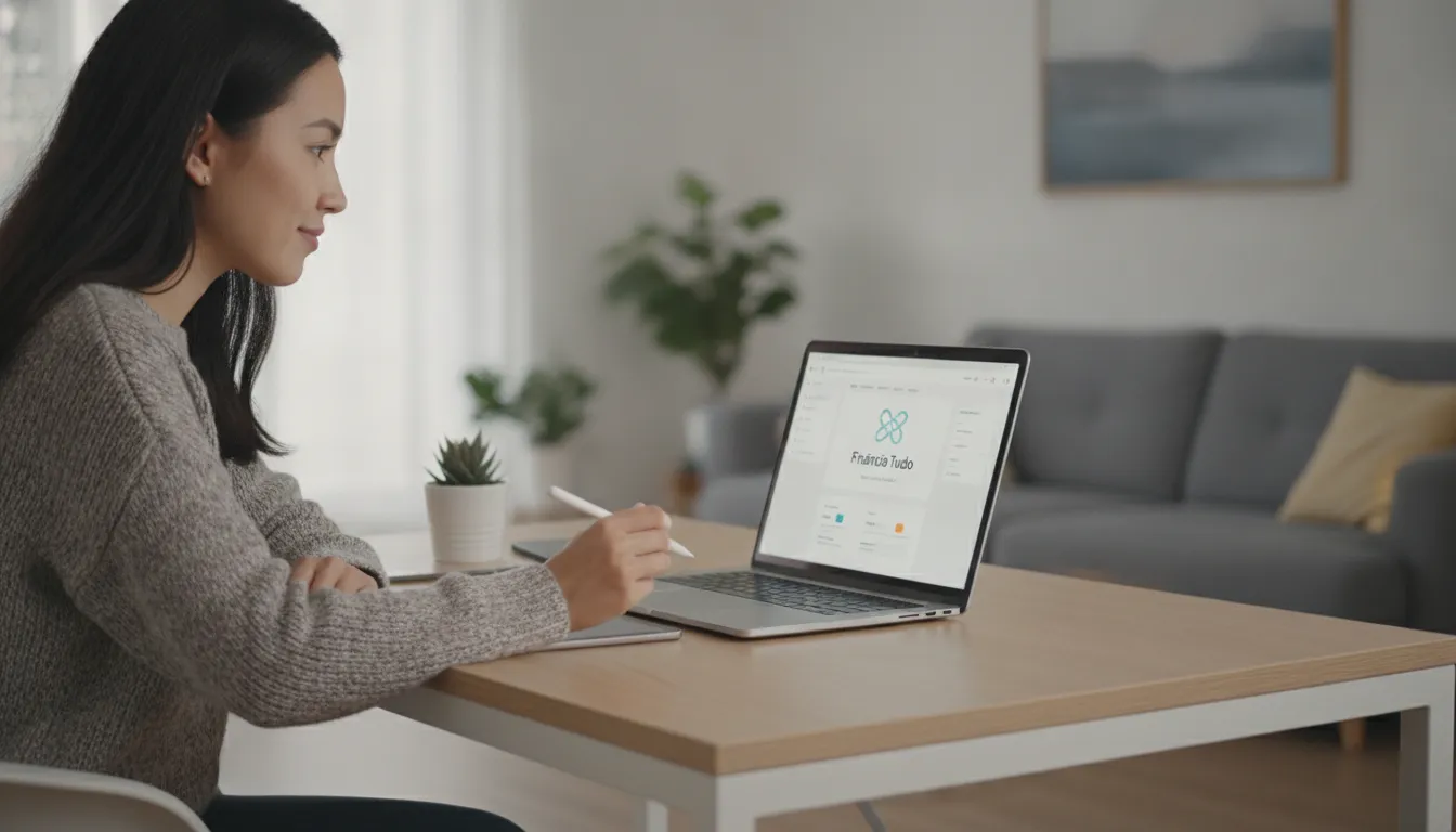 Mulher analisa opções para aumentar credibilidade financeira no laptop, usando Financia Tudo.