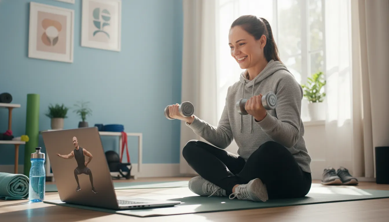 Personal trainer online orienta cliente por videochamada, garantindo um treino seguro e eficiente.