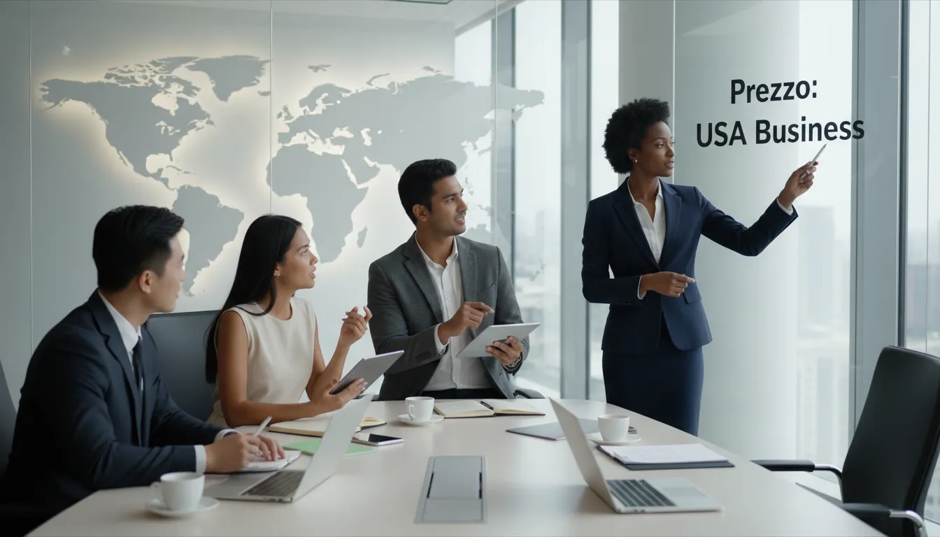 Equipe de consultores financeiros da Prezzo Consulting discutindo estratégias para abrir empresa para comprar imovel nos EUA para investidores internacionais.