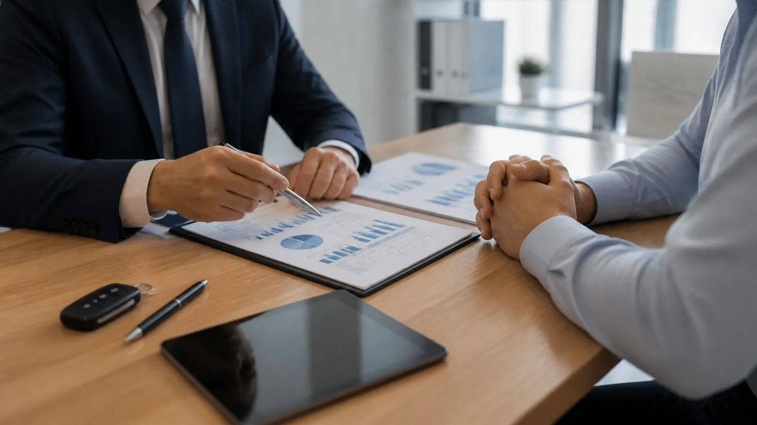 Consultoria financeira demonstrando cuidados ao oferecer veículo em garantia de empréstimo.