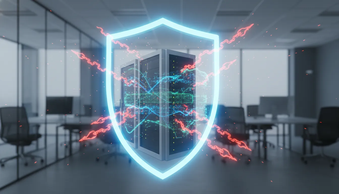 Dados empresariais protegidos por escudo digital azul, defletindo ataques de ransomware, garantindo segurança InfoLock.