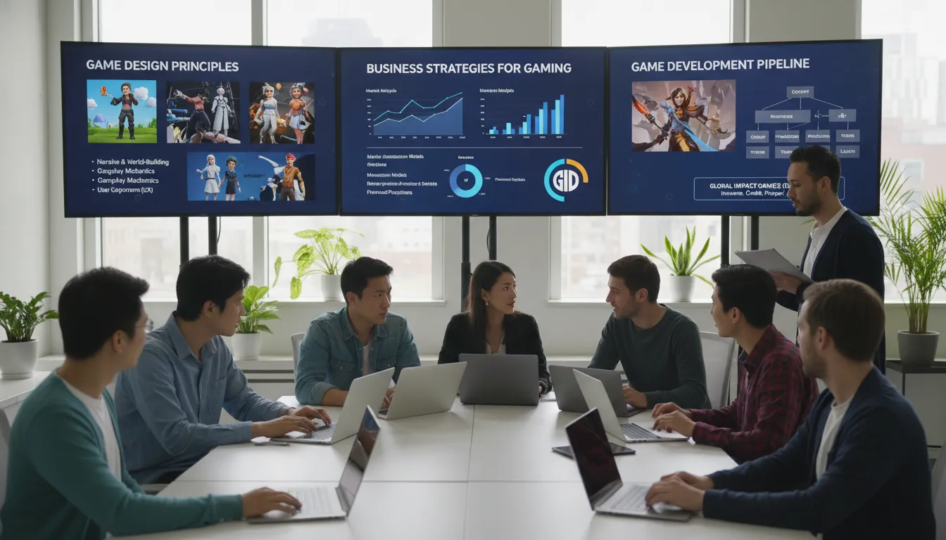 Grupo diverso aprendendo em cursos online empreender games, com foco em estratégias de negócios e desenvolvimento de jogos.