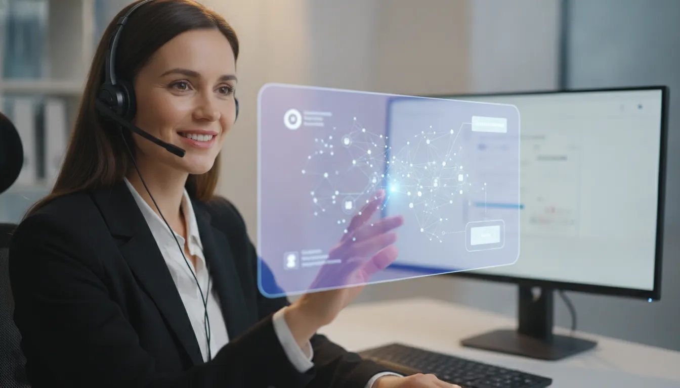 Atendente sorrindo usando IA para atendimento eficiente, acessando dados e respostas rápidas.