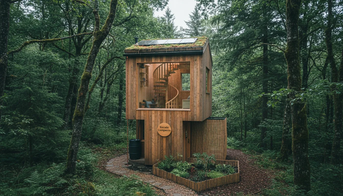 Visão externa de uma cabana Eco Cabanas integrada à natureza, com destaque para uma escada de madeira compacta visível através da janela, demonstrando o design inteligente.
