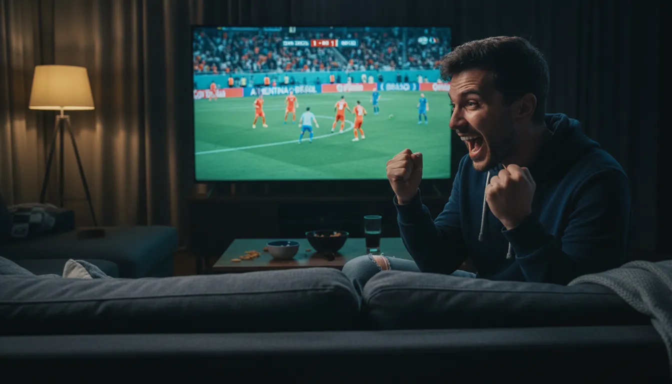 Pessoa assistindo animadamente a um jogo na melhor tv para assistir a Copa 2026, com expressão de surpresa.