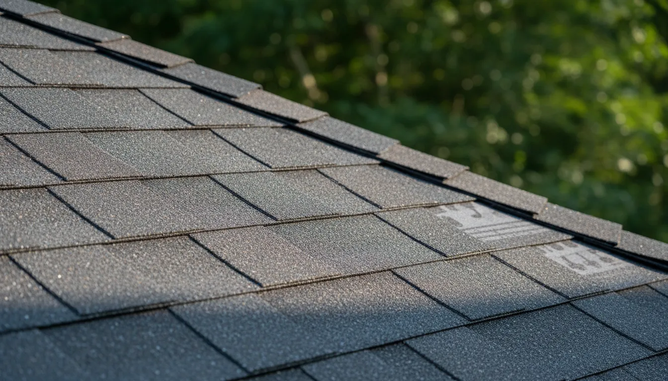 Detalhe do telhado shingle novo mostrando textura, cor e acabamento avançado