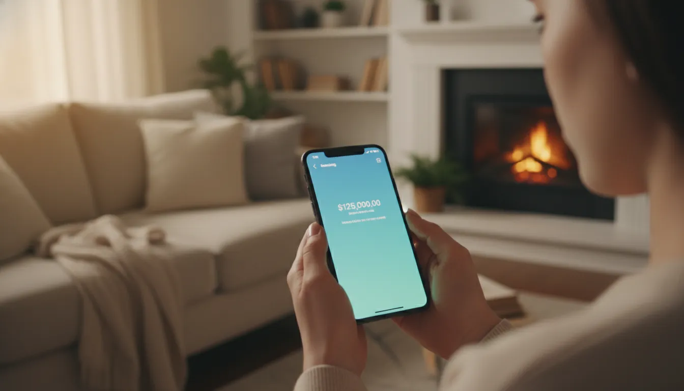 Mãos seguram smartphone com saldo positivo, representando a segurança da reserva de emergência e boas finanças pessoais.