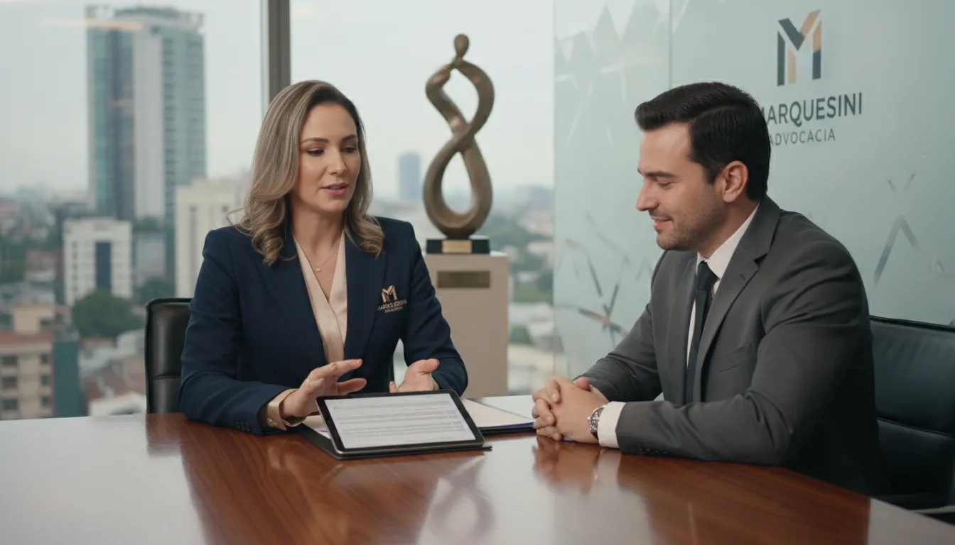 Advogada da Marquesini Advocacia explicando a apostila de Haia a um cliente empresarial, transmitindo segurança jurídica e expertise.