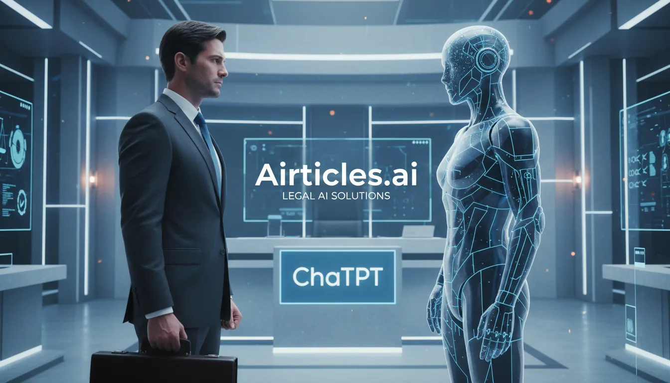 Um advogado tradicional e um avatar de IA futurista se enfrentam em uma interface digital, representando a disputa Jurídico AI vs. ChatGPT, da Airticles.