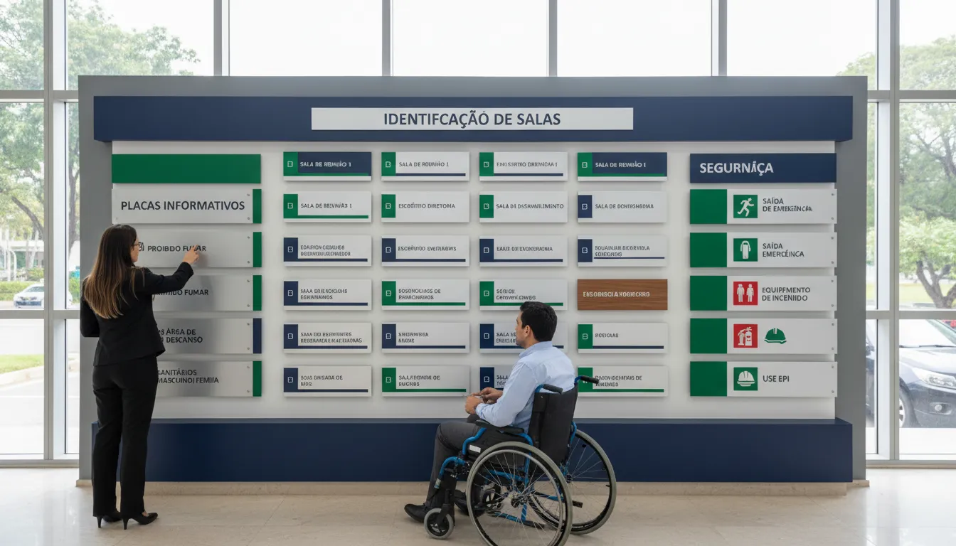 Painel mostrando vários tipos de placas personalizadas de sinalização em um escritório moderno