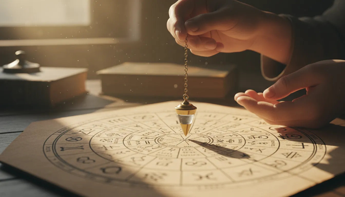 Pendulo em uso sobre gráfico simbólico durante uma sessão de mesa apométrica.