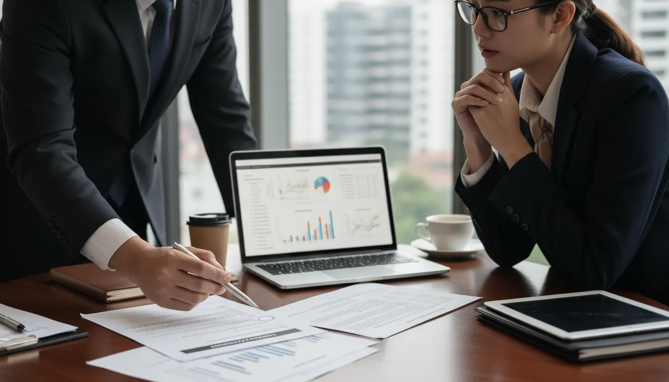 Especialistas analisando documentos e computador, planejando a melhor forma de usar a carta de crédito do consórcio.