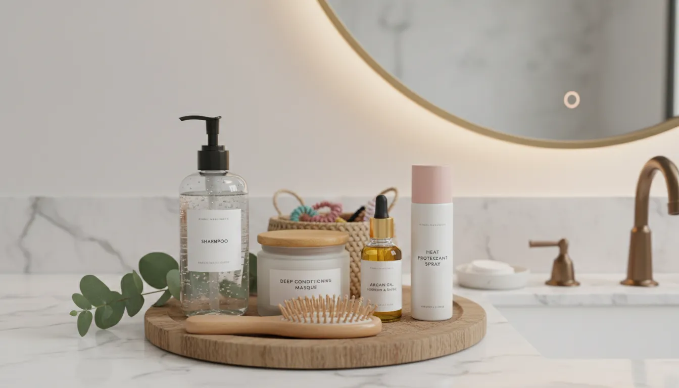 Mesa de banheiro com produtos para cuidado capilar: shampoo, máscara hidratante, óleo e protetor térmico.