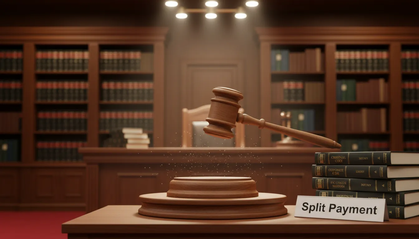 Um martelo de juiz batendo em um bloco de som em um tribunal. A imagem simboliza a importância do conhecimento jurídico sobre split payment.
