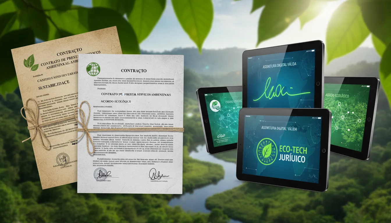 Montagem com contratos digitais, tablets e rubricas, reforçando o tema de sustentabilidade e tecnologia