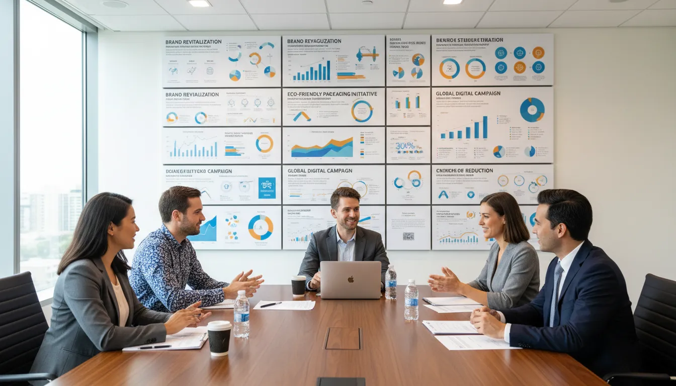 Reunião de negócios entre consultores de agência e empresa, com resultados de cases em destaque ao fundo