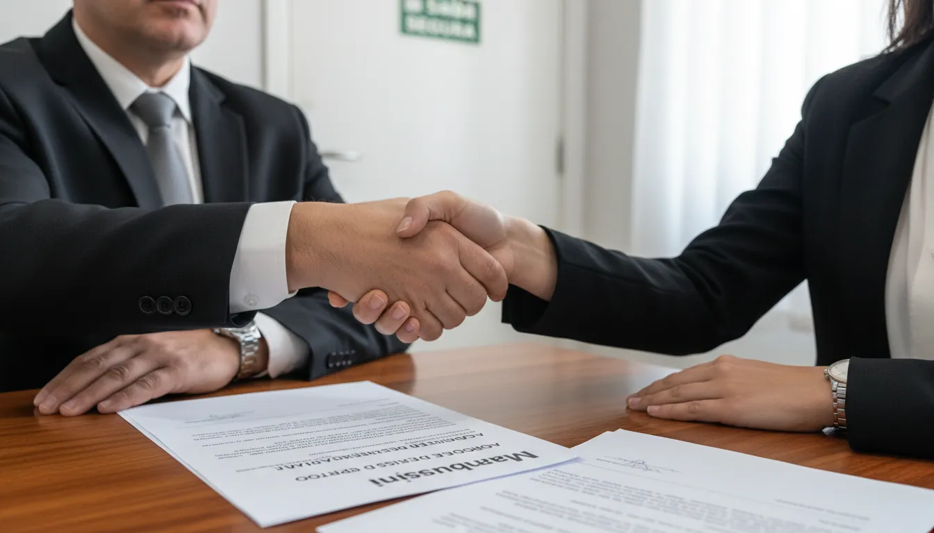 Aperto de mãos entre empregador e empregado após assinatura de um acordo de rescisão de contrato de trabalho, simbolizando uma saída segura e legal.