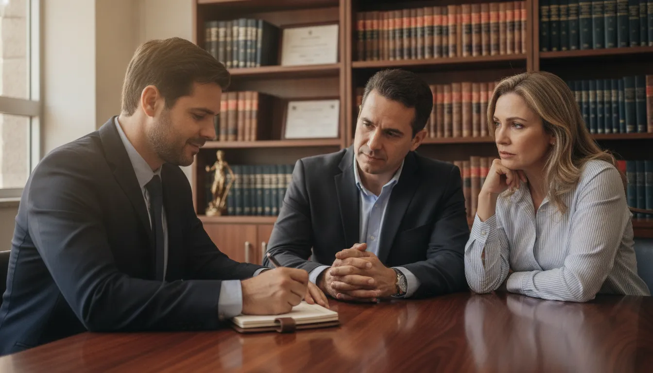 Advogado em Barretos consultando clientes sobre ação contra plano de saúde, em escritório com livros jurídicos.