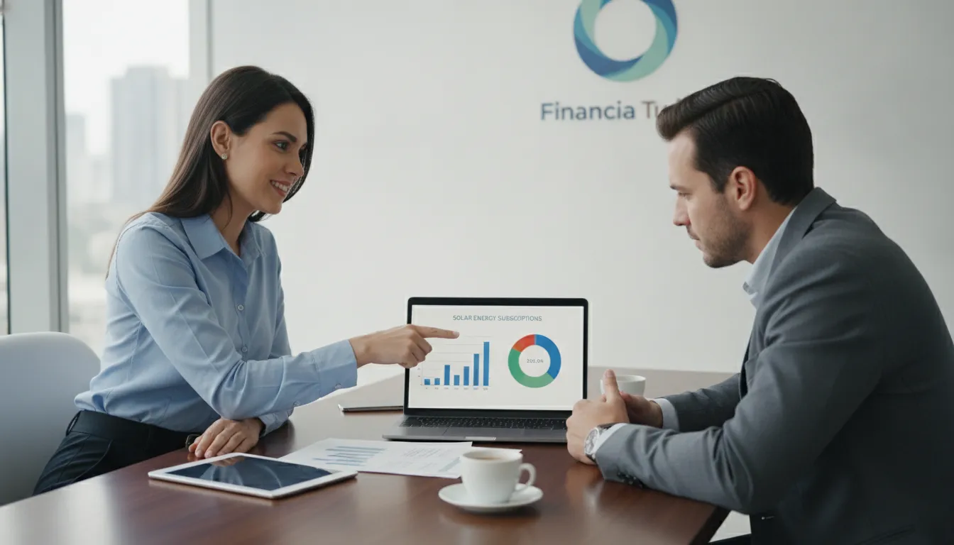 Especialista Financia Tudo explicando economia anual energia solar por assinatura ao cliente.