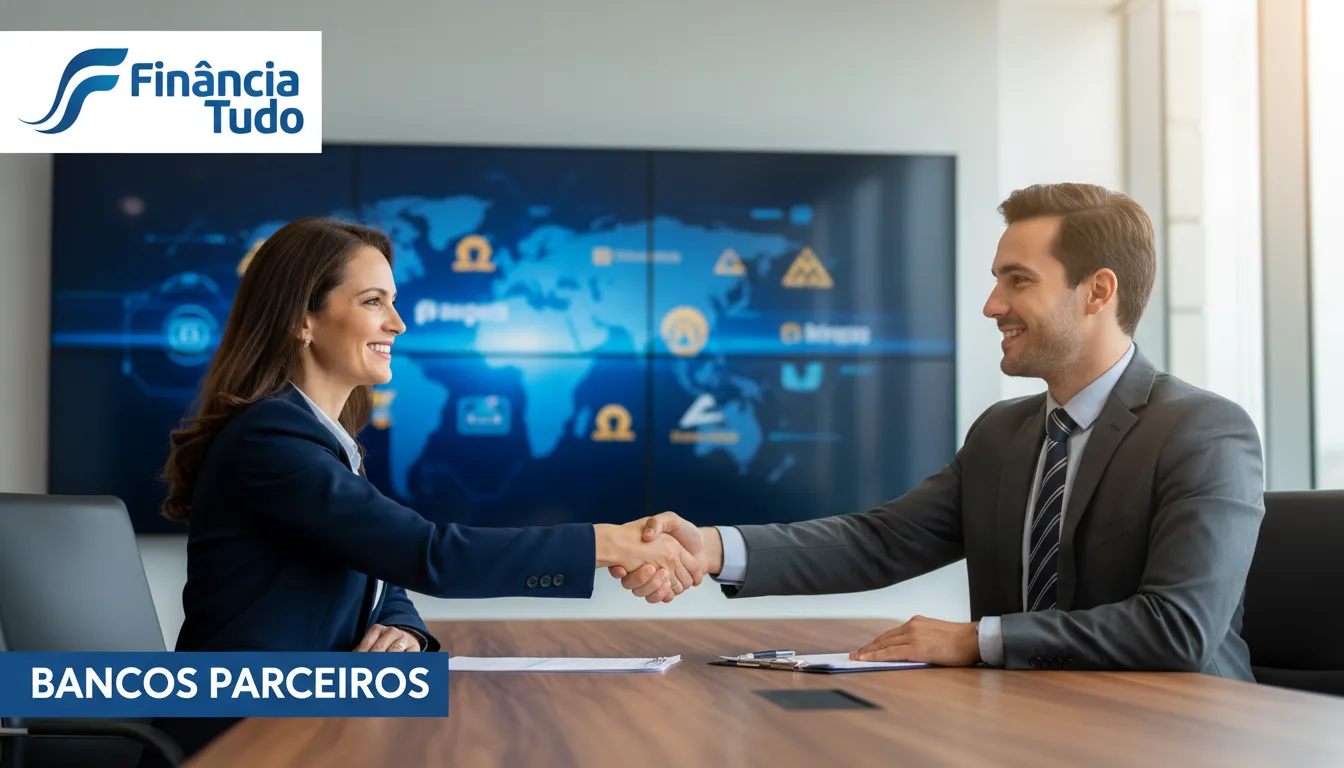 Aperto de mãos com um representante bancário, simbolizando parceria, com o logo da Financia Tudo. Ilustra como escolher o melhor banco.