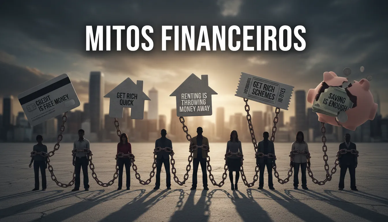 Ilustração de mitos financeiros como correntes, simbolizando as mentiras que atrapalham financeiramente.