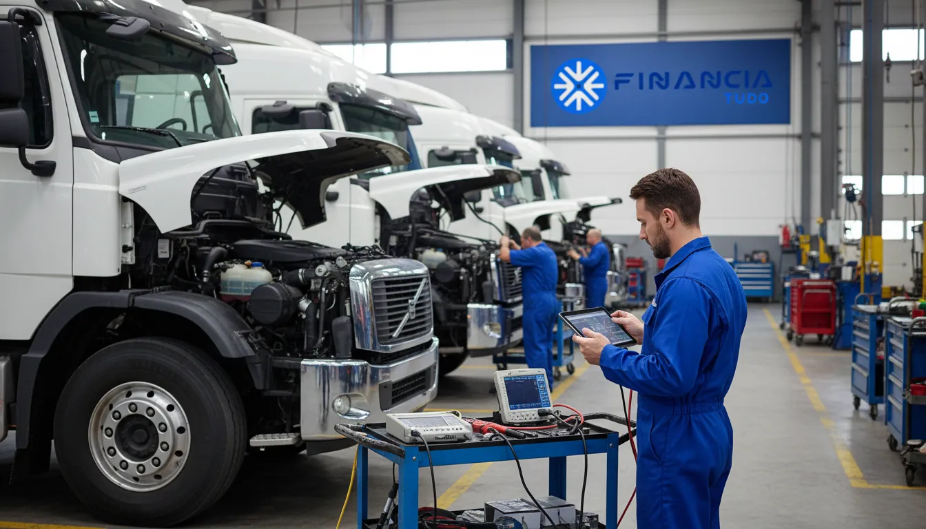 Frota de caminhões em manutenção, financiada com crédito para modernização e eficiência operacional.