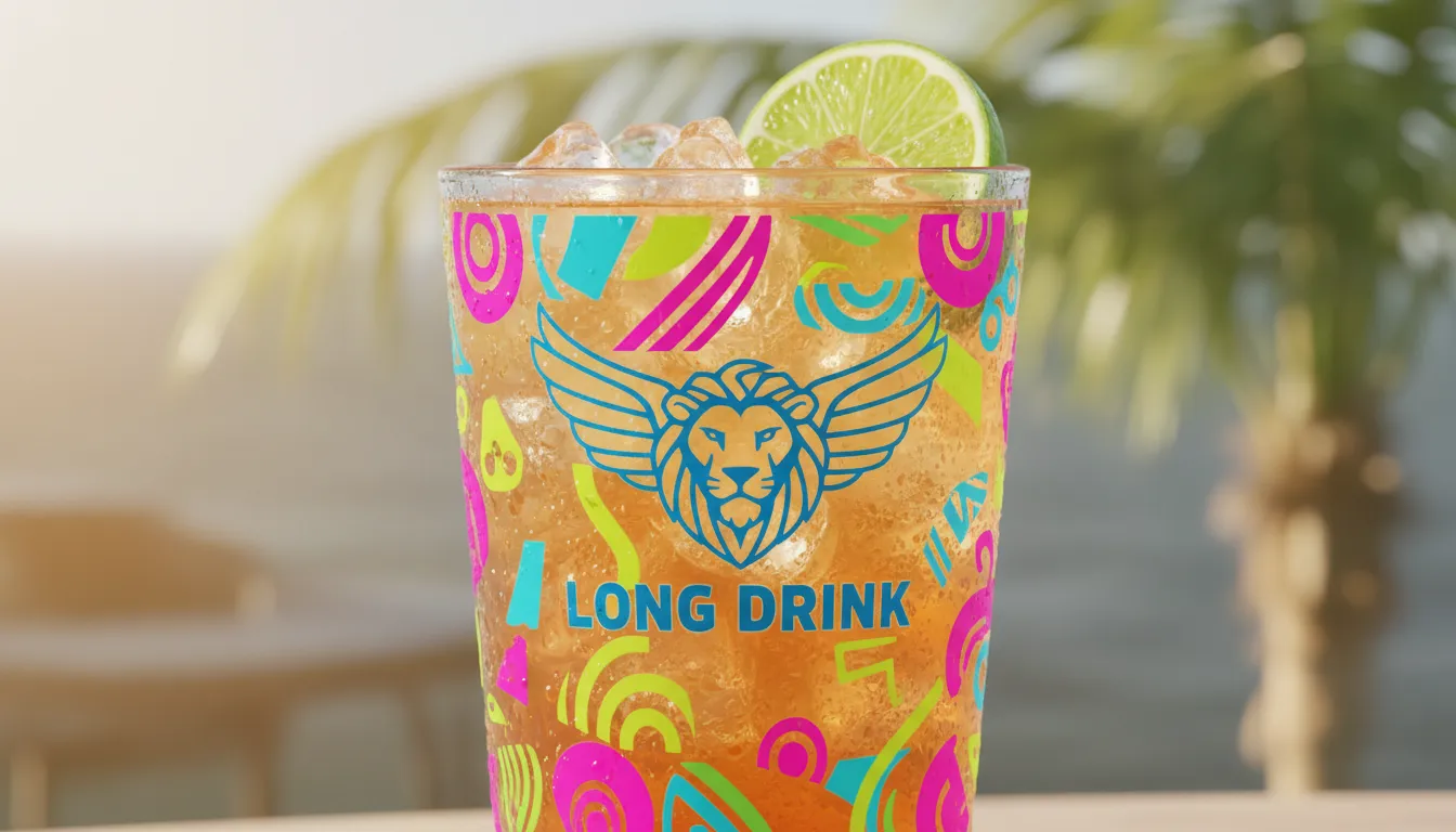Imagem em close-up de um dos copos long drink personalizados, exibindo o logo da empresa e um drink colorido com detalhes em lima.